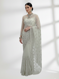 Silver Mukesh Saree on Pure Crinkle Chiffon
