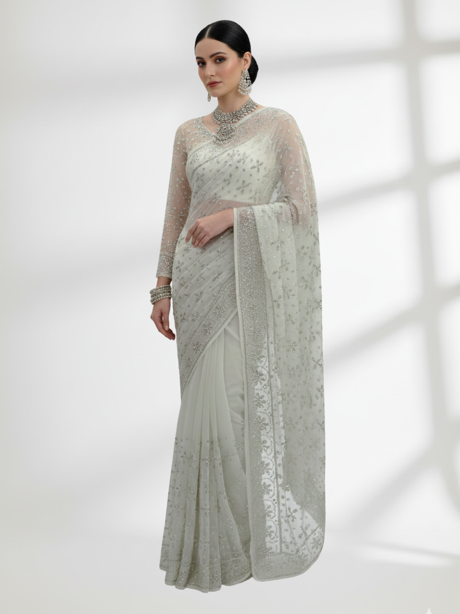 Silver Mukesh Saree on Pure Crinkle Chiffon