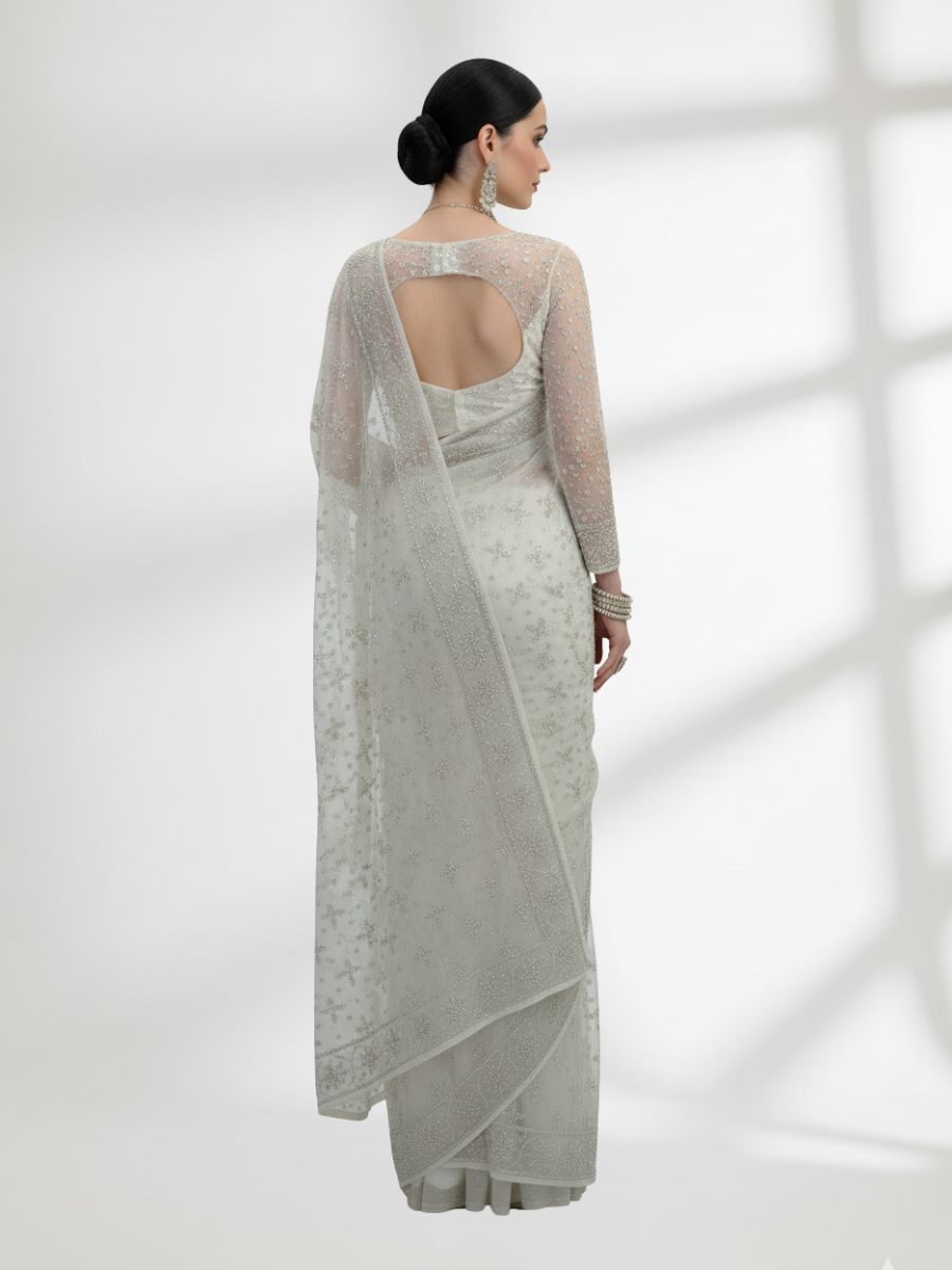 Silver Mukesh Saree on Pure Crinkle Chiffon