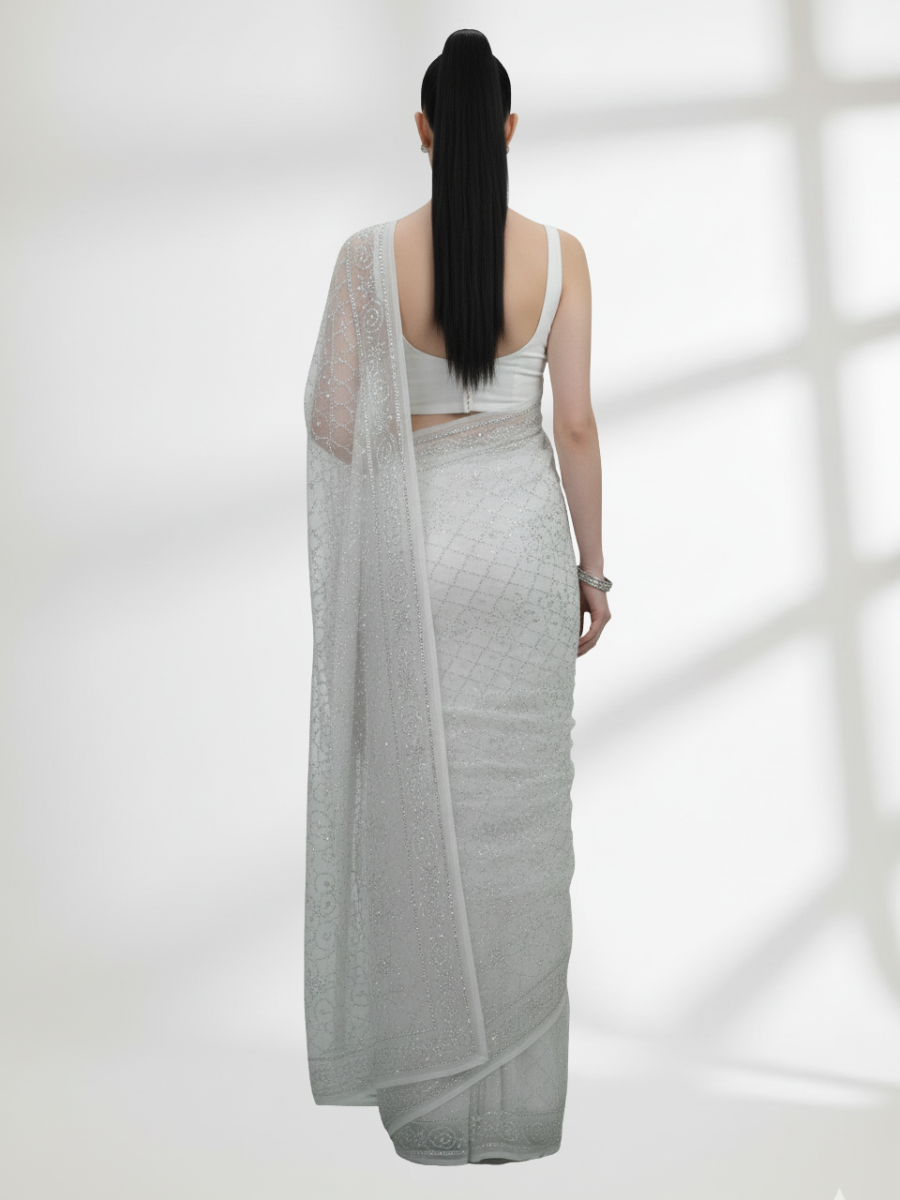 Silver Mukesh Saree on Crinkle Chiffon