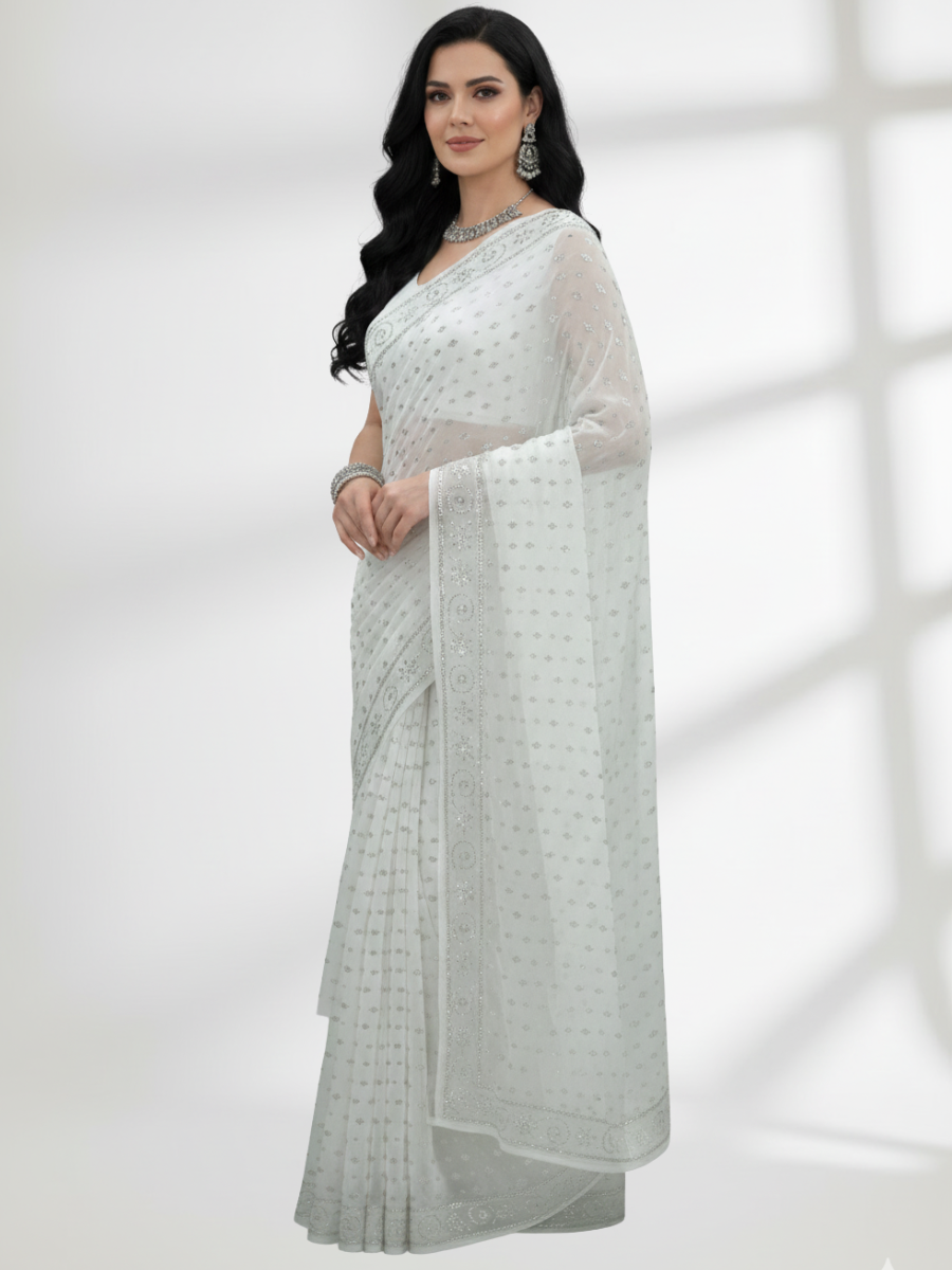 Gold Mukesh Saree on Pure Dull Crinkle Chiffon