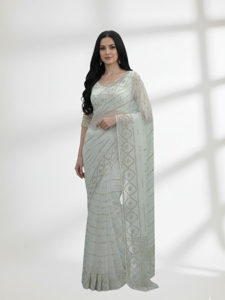 Gold Mukesh Saree on Pure Dull Crinkle Chiffon