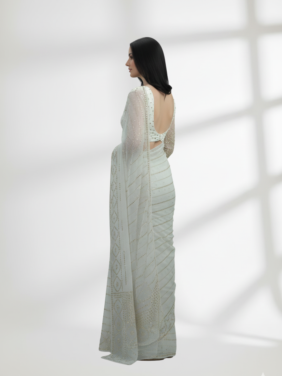 Gold Mukesh Saree on Pure Dull Crinkle Chiffon