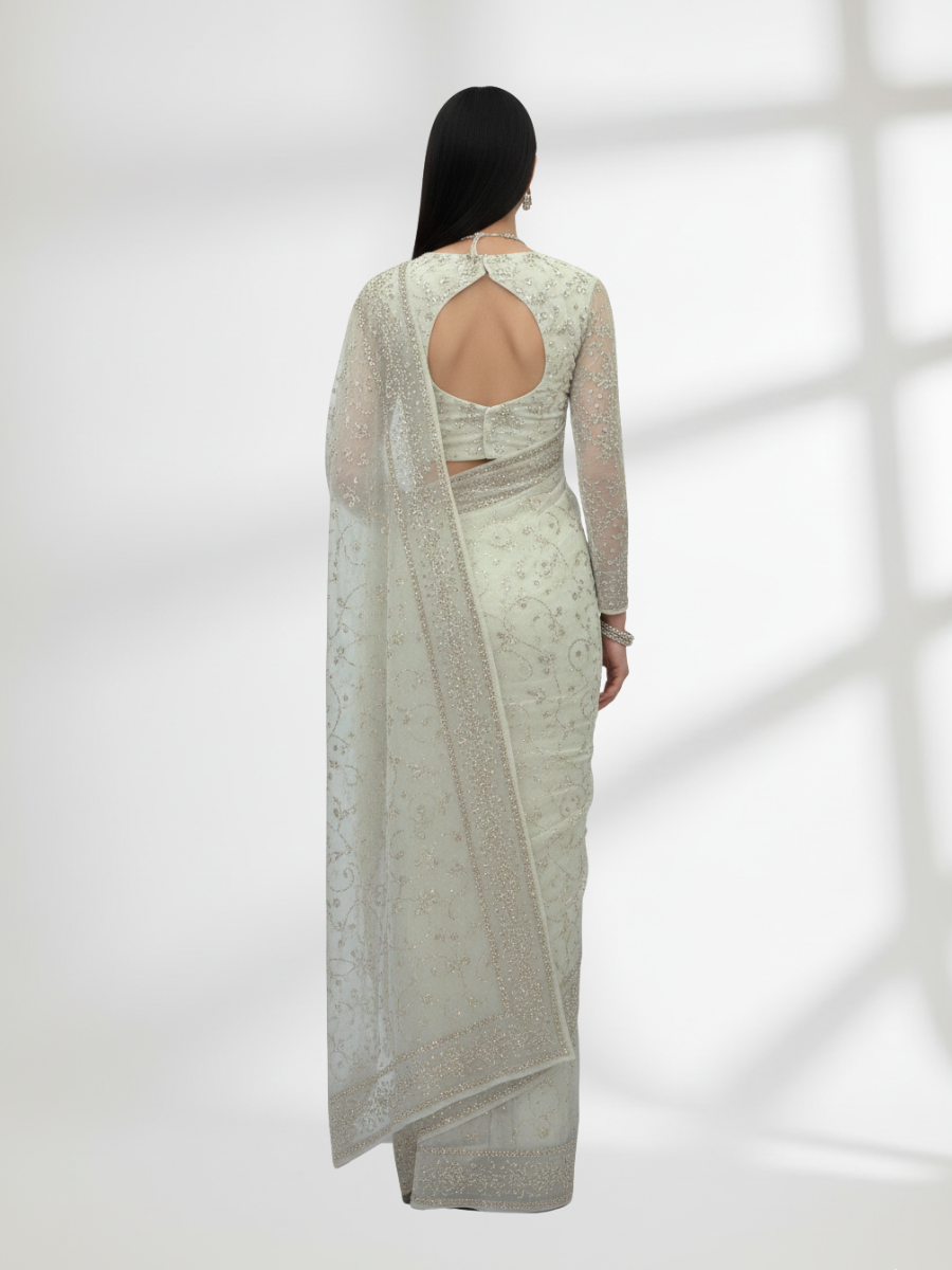 Rose Gold Mukesh Saree on Pure Crinkle Chiffon