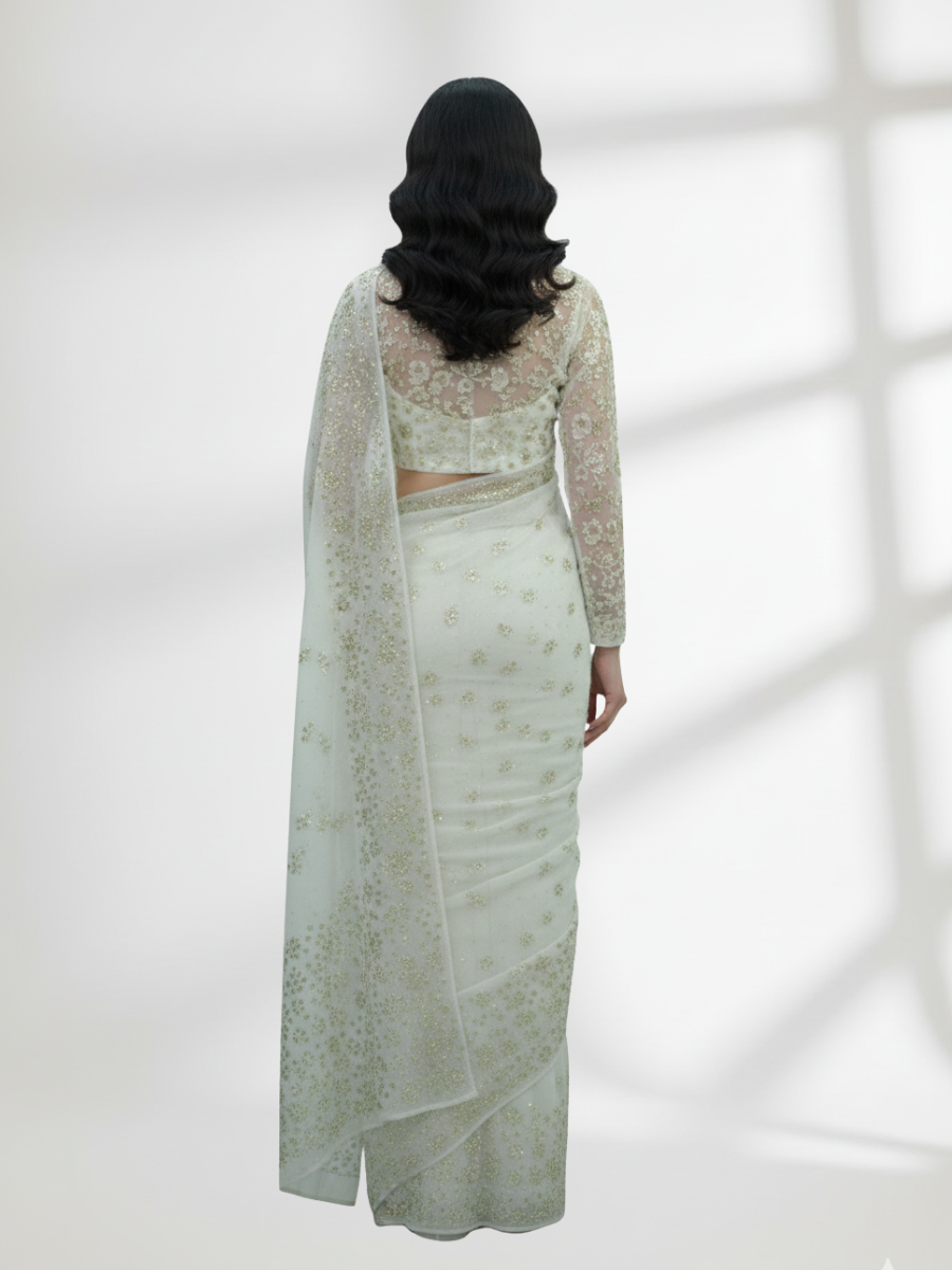 Mukesh Saree on Pure Crinkle Chiffon – Gold & Silver Mix