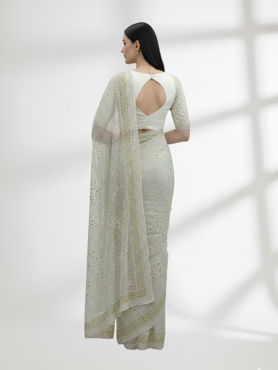 Kamdani Mukesh Saree on Pure Crinkle Chiffon – Gold Mukesh
