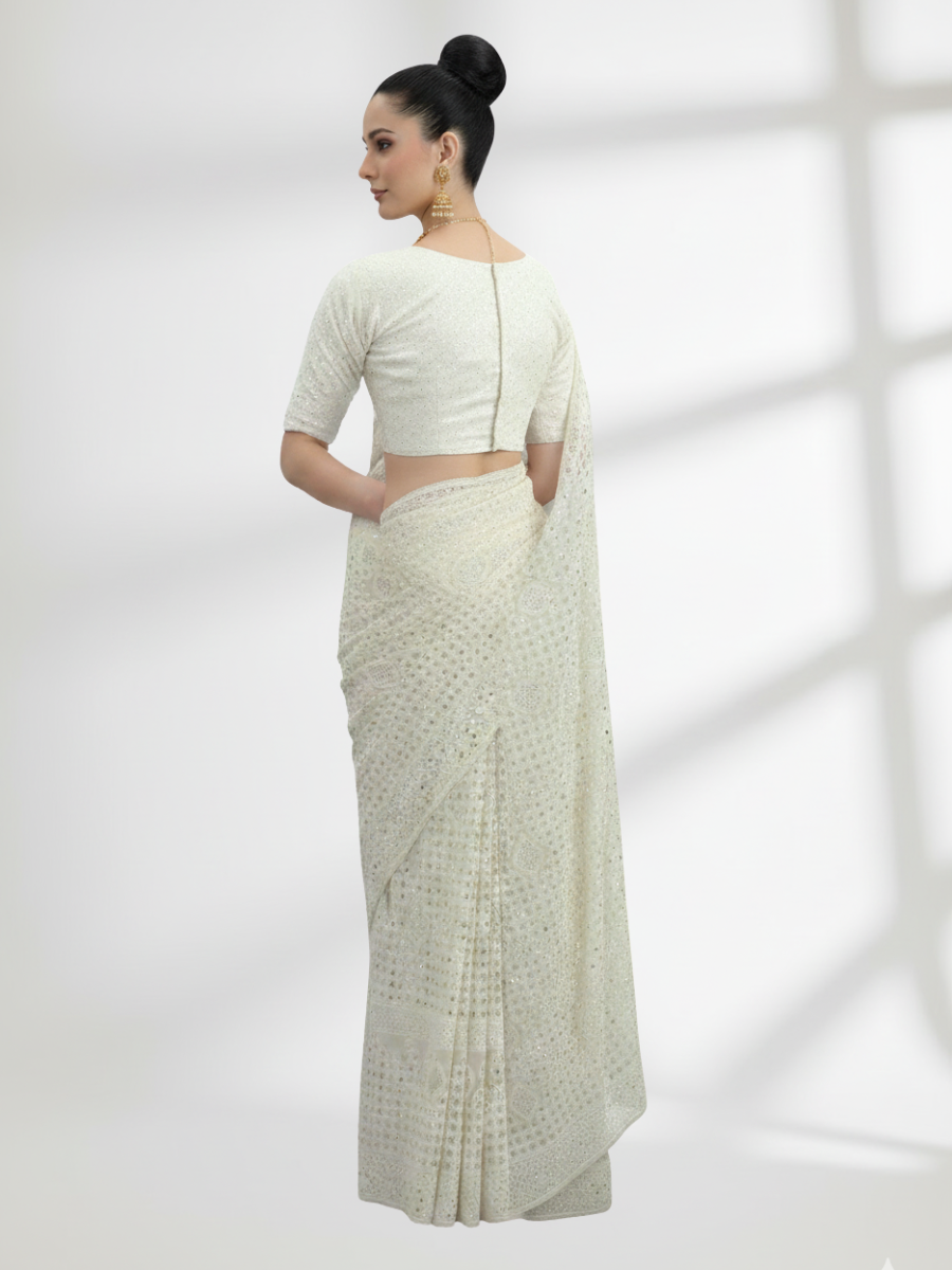 Chicken Kari Mukesh Saree on Pure Chiffon – 60g Rose Gold Mukesh