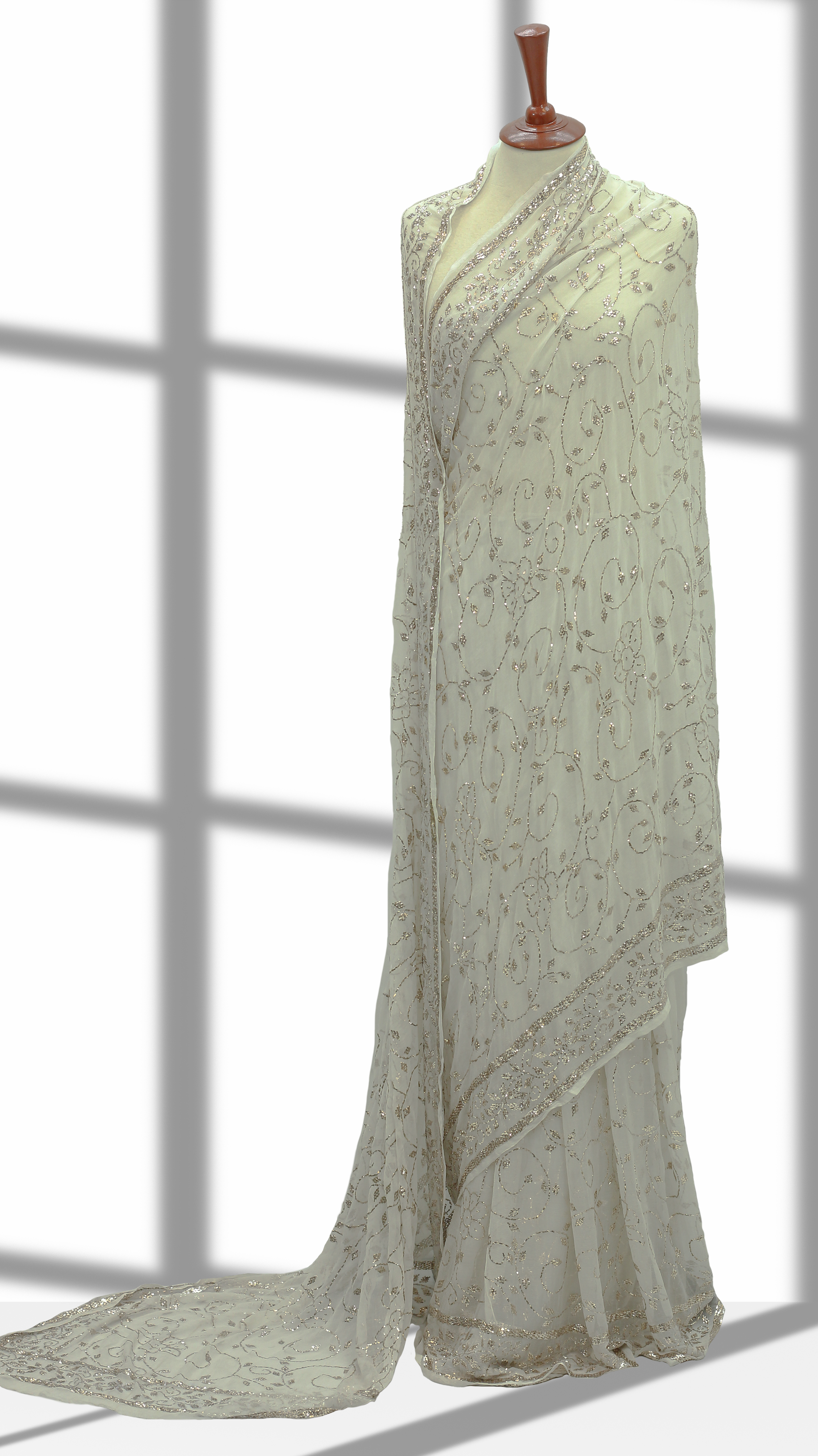 Rose Gold Mukesh Saree on Pure Crinkle Chiffon